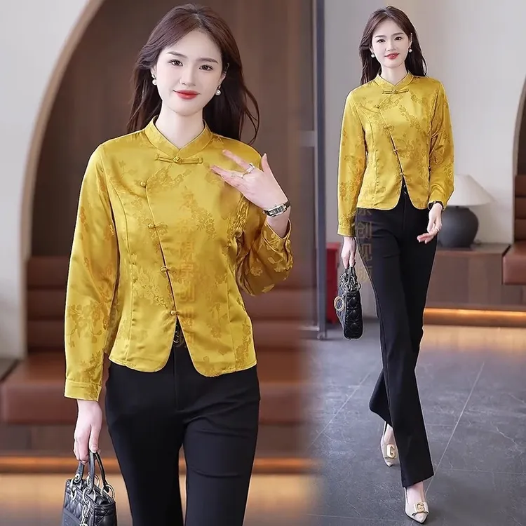 新中式衬衫女士2025春季新款洋气质显瘦立领国风盘扣衬衣小衫上衣