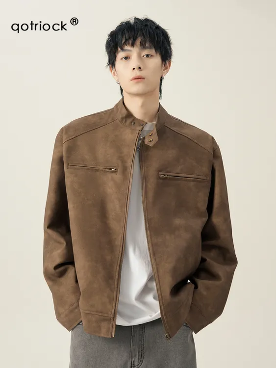 美拉德美式棕色皮衣外套男高级感cleanfi飞行夹克机车情侣棒球服