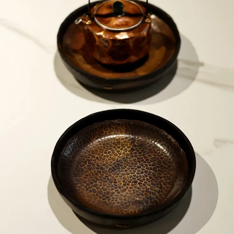 铜木小壶承器而不舍原创作品碳化实木盘厚铜盘16cm×高4cm带锔钉