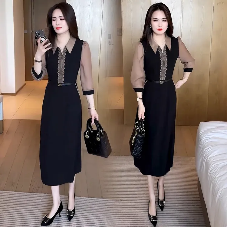 时尚洋气连衣裙女2025年夏季新款减龄收腰显瘦拼接休闲中长款裙子