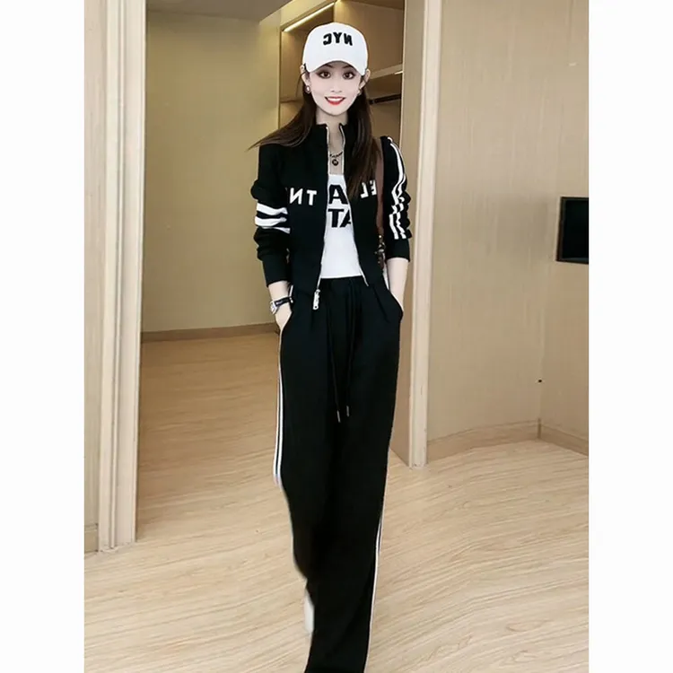 品牌专柜正品休闲运动套装女秋洋气显瘦黑色卫衣开衫阔腿裤两件套