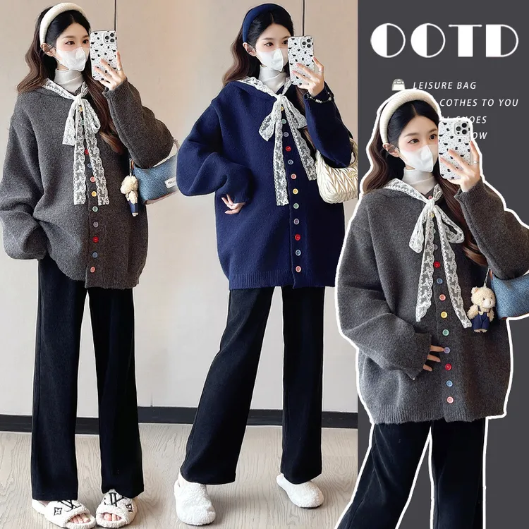 孕妇装秋装2025新款秋冬宽松法式蝴蝶结毛衣外套打底衫上衣裤子女