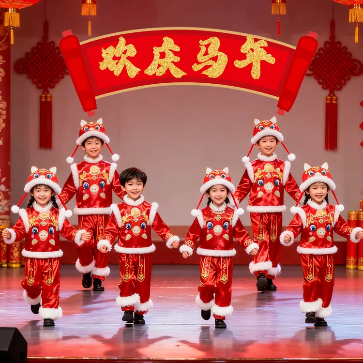 儿童欢庆马年演出服幼儿红马贺岁喜庆舞蹈少儿春晚元旦春节表演装