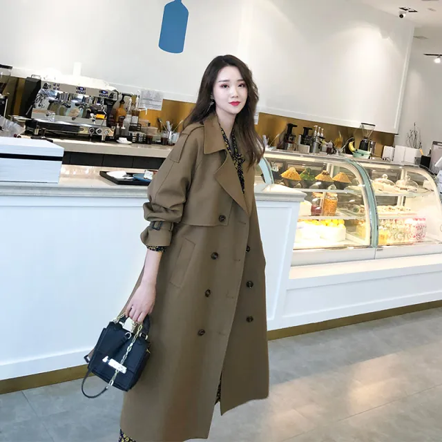 高级感长版卡其色风衣外套2025春秋新款韩系过膝大衣大尺码女装胖