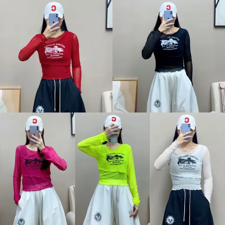 2025春夏新款网纱长袖气质微透短袖广场舞曳步舞上衣时尚百搭透气