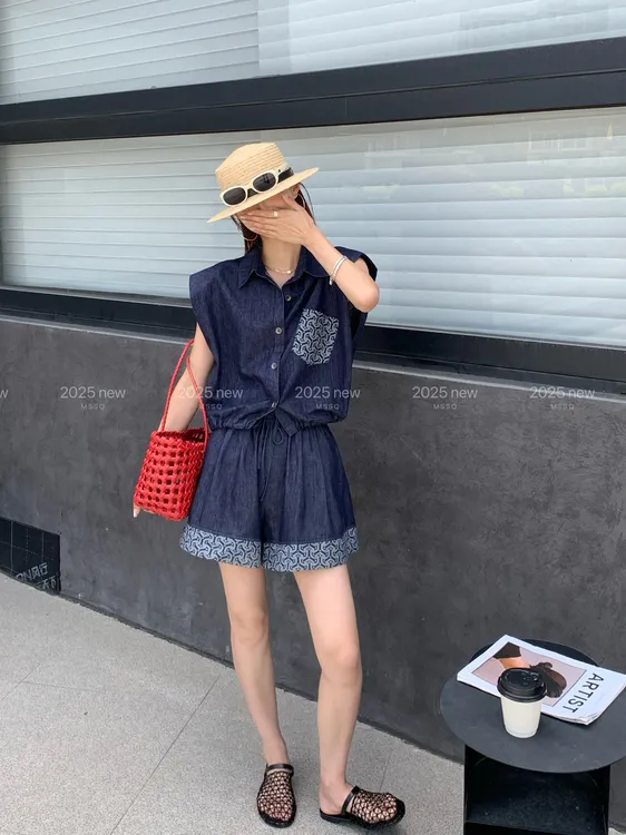 夏季新款时尚独特蓝色牛仔拼接套装休闲洋气显瘦百搭宽松潮流