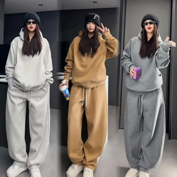 加绒加厚款纯色连帽卫衣宽松休闲松紧腰香蕉裤卫裤两件套