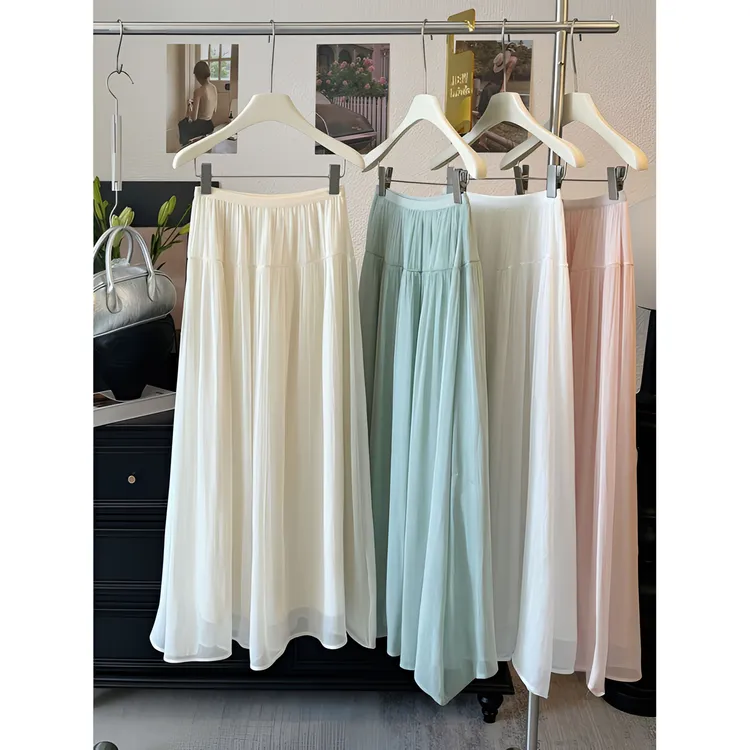 秋季仙美飘逸流光纱半身裙女温柔气质坠感拖地长裙气质拼接半身裙