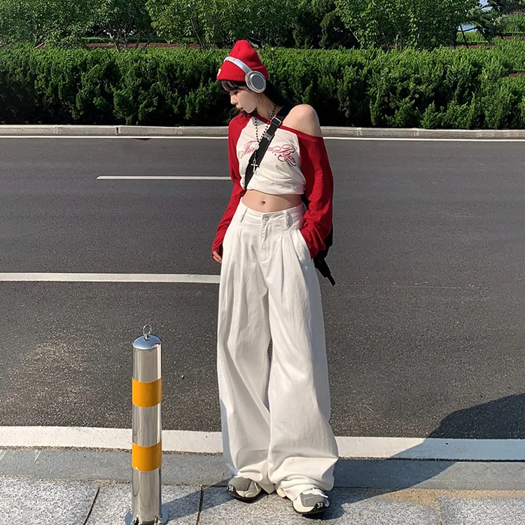 JWUW秋季新款褶皱纹理透气阔腿牛仔裤女宽松直筒垂感拖地长裤子