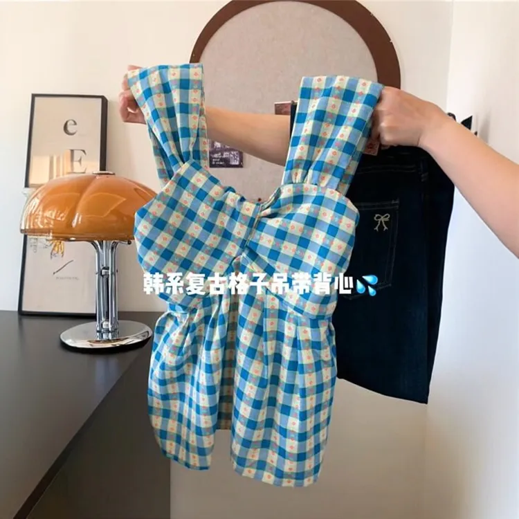 韩系复古格纹扭结设计感短款辣妹减龄百搭洋气休闲风吊带背心2025