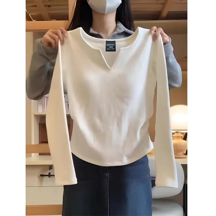 9030#正肩v领长袖t恤女秋冬款抽褶修身显瘦内搭打底衫体恤上衣