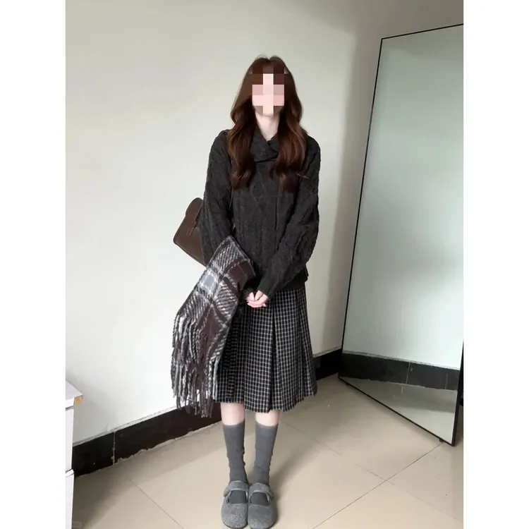 软糯慵懒风宽松翻领毛衣针织开衫外套格纹压褶A摆中长裙半身裙女