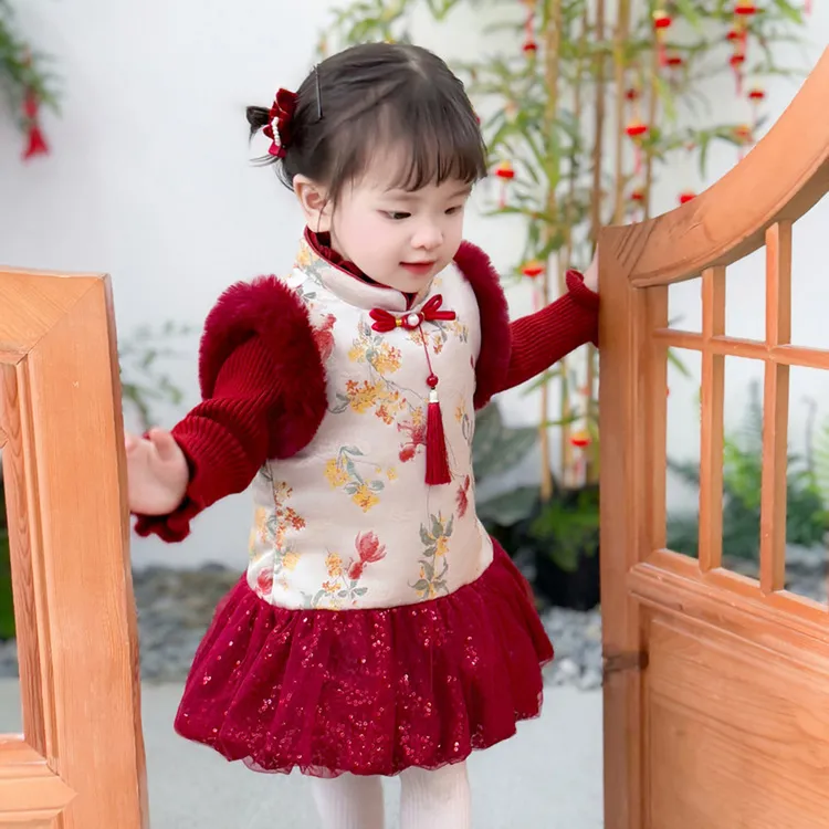 拜年服女童旗袍套装冬季新款儿童国风裙子唐装过年宝宝周岁礼服裙