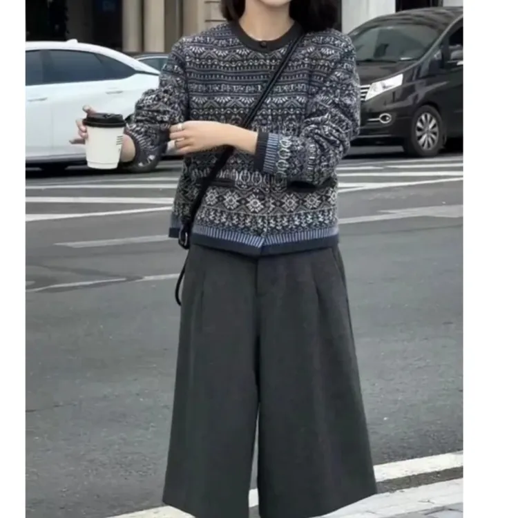 新款复古圆领时尚开衫休闲外套阔腿百搭裤子女装