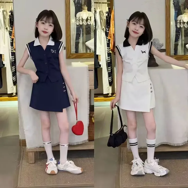 女童2025新款时尚休闲修身显瘦气质无袖单排扣学院风两件套潮