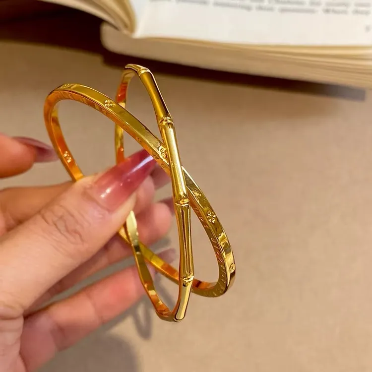 铜合金手镯 新中式竹节字母双圈手环轻奢小众设计感金色素圈手镯