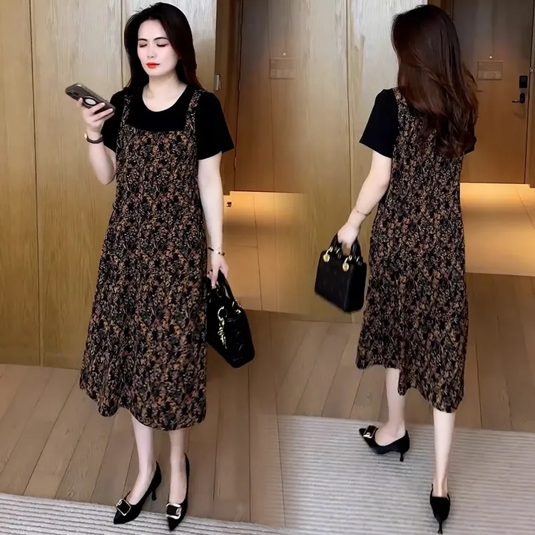 时尚碎花连衣裙女2025夏季新款洋气宽松显瘦假两件拼接中长款裙子
