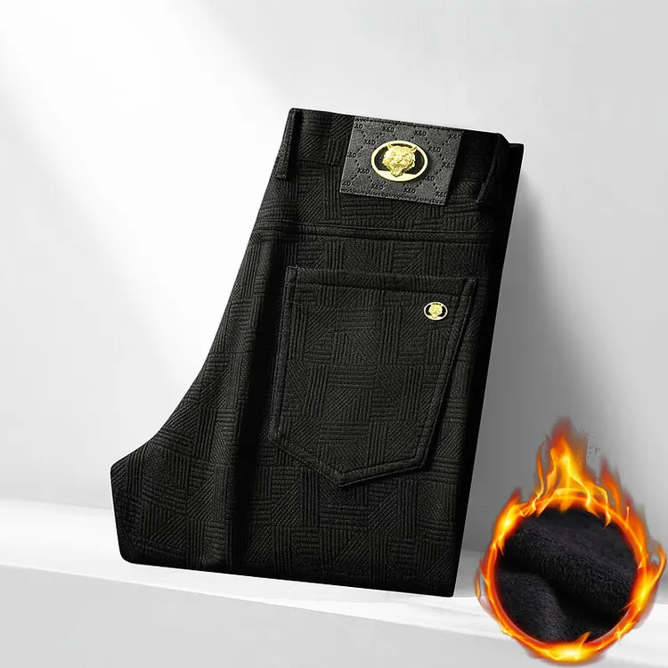 高弹力休闲裤男冬季新款加绒加厚保暖中年高端提花直筒高档长裤子