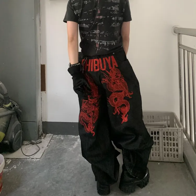 美式复古高街重工红龙刺绣弯刀工装牛仔裤男小众宽松阔腿直筒裤子