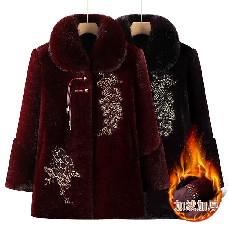 中老年人冬装女奶奶水貂绒大衣加绒加厚妈妈装保暖外套老太太棉衣