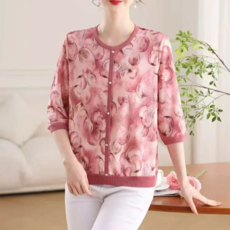 新款中老年妈妈春夏气质印花中袖薄款冰丝衫洋气假开胸T恤小衫