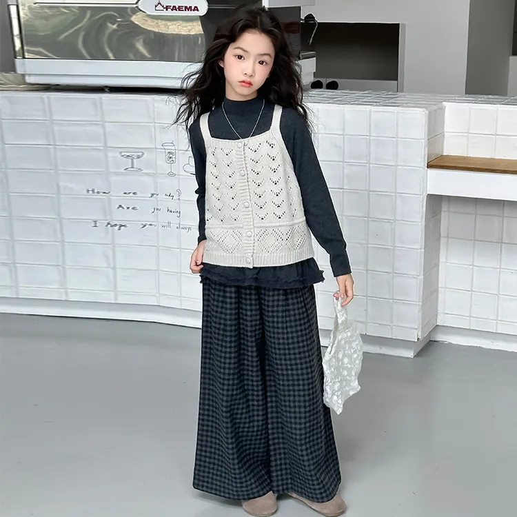 女童马甲套装2025新款女大童针织花边衬衫韩版洋气阔腿裤三件套潮