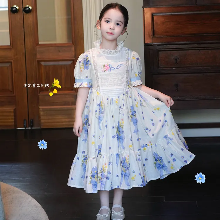AnnieGirl女童连衣裙夏季新款洋气刺绣公主裙超仙蕾丝棉麻裙2026