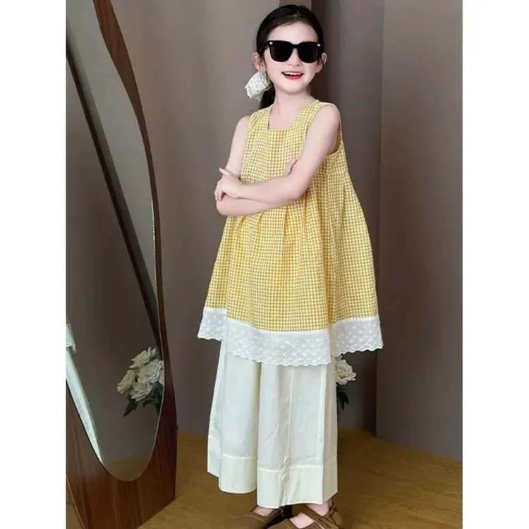 女童格子套装夏装2025新款洋气儿童无袖蕾丝格子上衣阔腿裤两件套