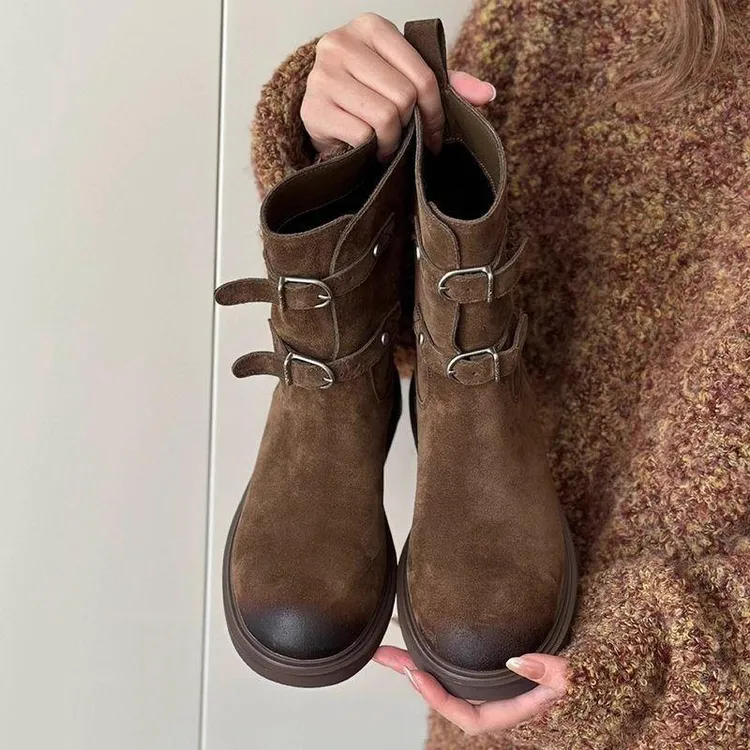 羊皮版~复古擦色皮带扣西部牛仔显瘦短靴女美拉德马丁咖中筒靴子