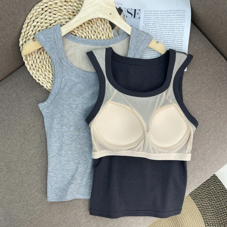 夏季宽肩带吊带背心 免穿文胸一体式背心修身白色上衣女