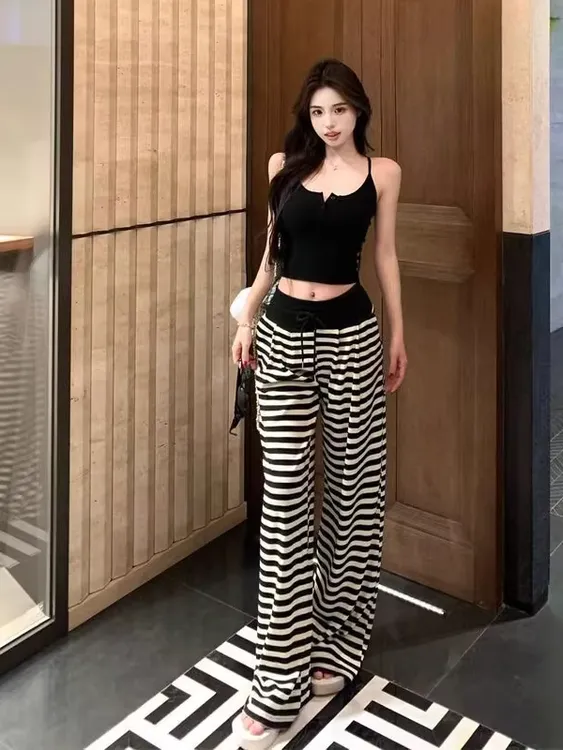 条纹针织阔腿裤女春秋梨型身材慵懒风宽松复古高腰显瘦休闲拖地裤