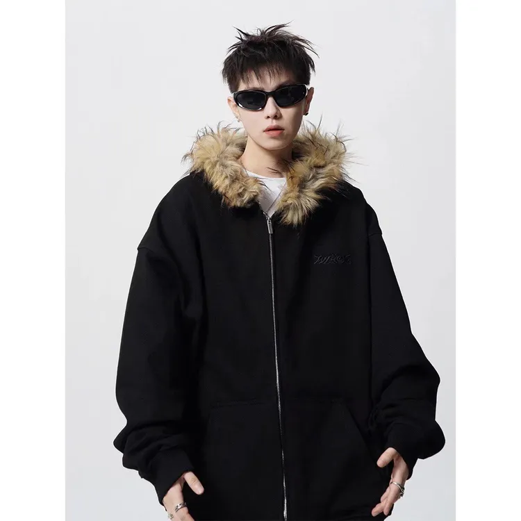 毛领连帽卫衣外套女秋冬季设计感小众加绒黑色美式复古开衫上衣