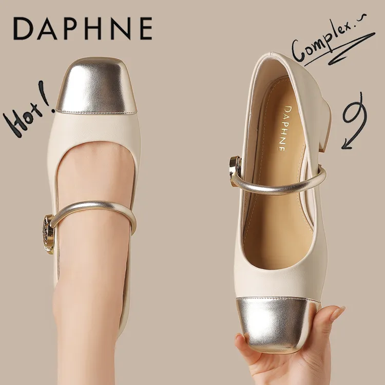 达芙妮方头拼接粗跟玛丽珍女鞋2025春季新中式配裙子中跟浅口单鞋