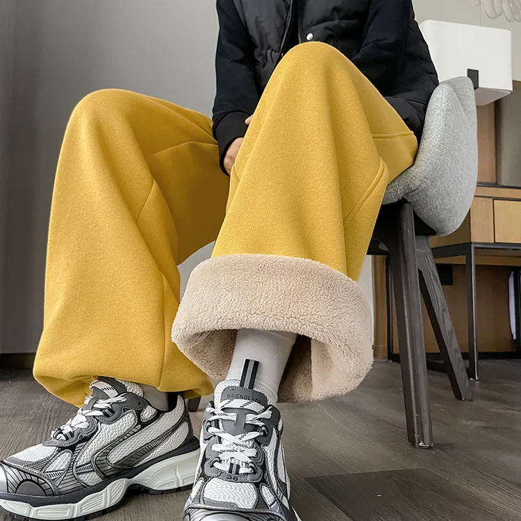 黄色加厚绒香蕉裤女秋冬季新款高腰宽松羊羔绒阔腿休闲运动裤卫裤