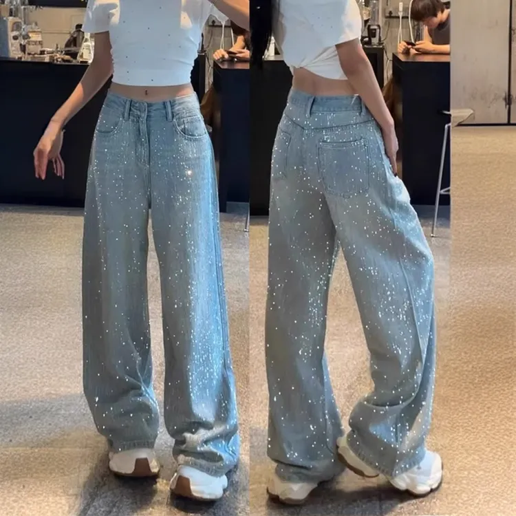 欧货满天星烫钻阔腿牛仔裤女夏季薄款大码胖mm高腰宽松显瘦直筒裤