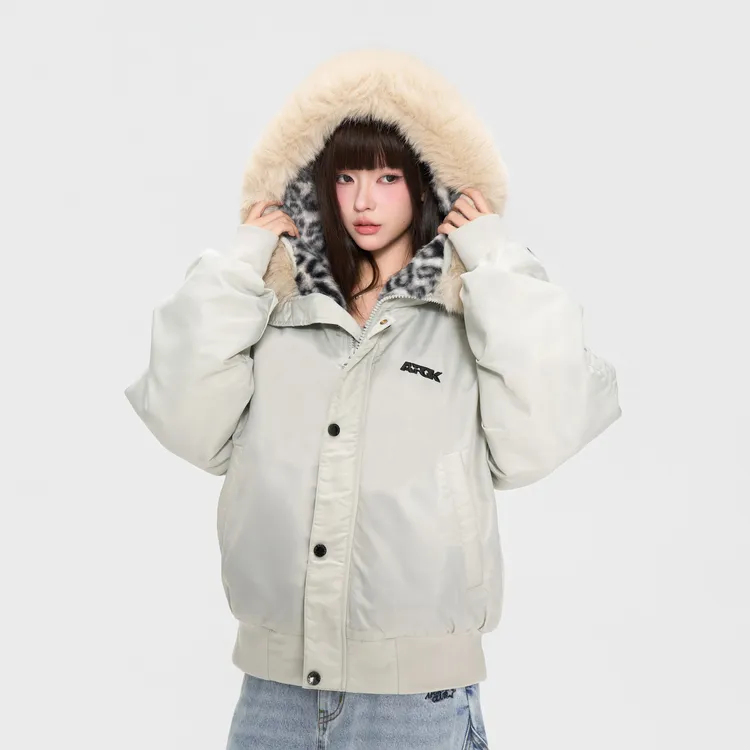 AFGK25FW豹纹貂毛连帽棉服男女冬季加厚毛领派克服情侣棉衣外套