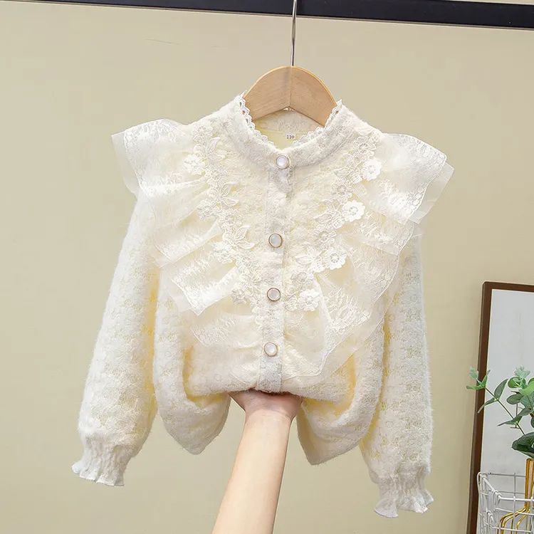 女童打底衫春装2025新款春秋款韩版洋气加绒上衣儿童蕾丝长袖衬衫