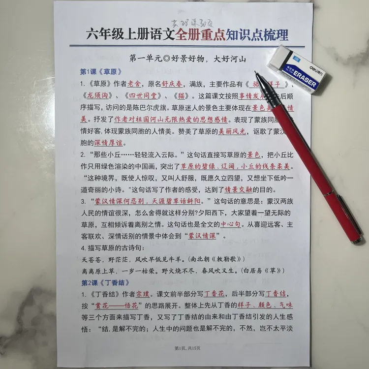 25年新六上语文（通用版）全册重点知识点梳理（空白+答案30页）