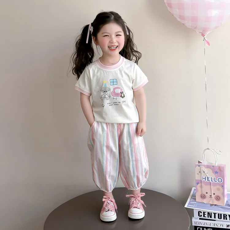 女童套装夏季2025新款洋气儿童短袖夏装女宝宝T恤防蚊裤两件套装