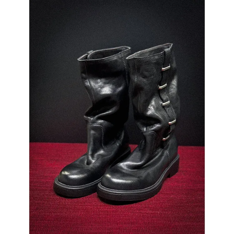 牛皮版~黑色金属朋克风厚底骑士靴女宽筒显瘦粗跟中筒靴子马丁靴