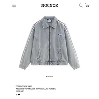 NOONOZ潮牌条纹拼接做旧水洗美式牛仔外套男早秋街头情侣百搭外套