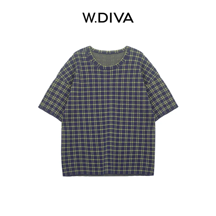 W.Diva【彩格衫】夏季100扬子羊毛通勤圆领短袖格子针织衫51Z201481