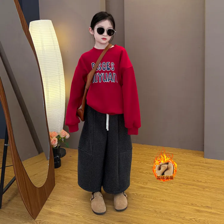 女童秋冬加绒2025新款女孩韩系时尚穿搭卫衣毛妮加绒格子裤套装潮