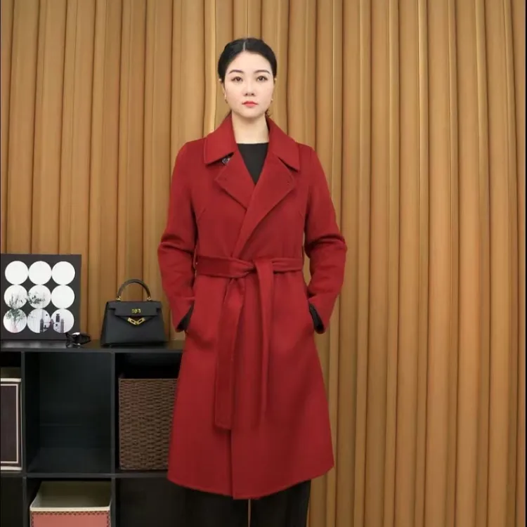 软黄金山羊绒西装领腰带长款时尚气质显瘦秋冬女士双面绵羊毛大衣
