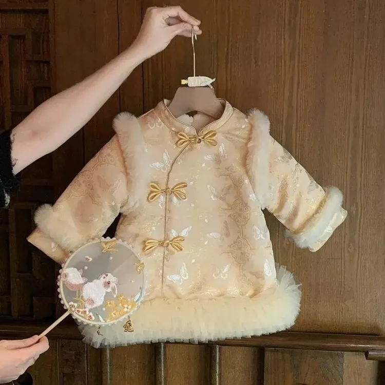 女童冬季唐装中国风旗袍裙加绒拜年服女宝宝周岁礼服汉服连衣裙冬