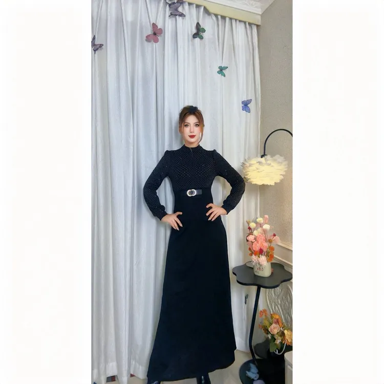 9885【包邮】高级时尚烫钻拼接气质款女装连衣裙