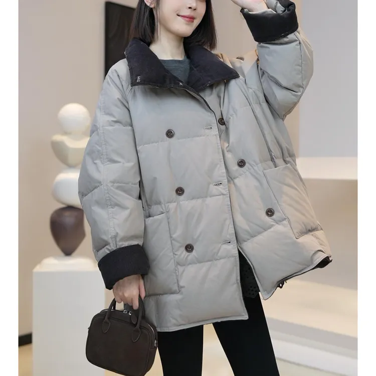 时尚撞色拼接立领棉衣外套女2026冬季新款加厚保暖双排扣保暖棉服