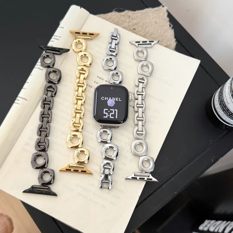 适用AppleWatchS10表带iwatchS9苹果SE手表8原创方块圆孔金属高级