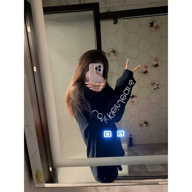 纯棉长袖t恤女薄款早秋季宽松显瘦中长款美式潮牌黑色打底衫上衣
