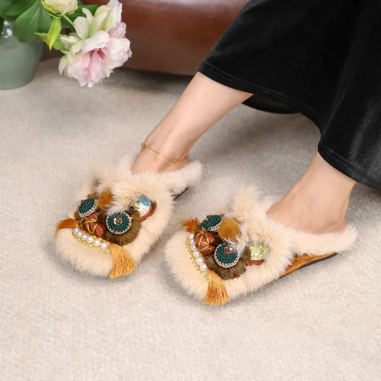 半托棉鞋【秋枫晚照】虎头鞋拖鞋女成人传统老北京布鞋绣花冬款加绒